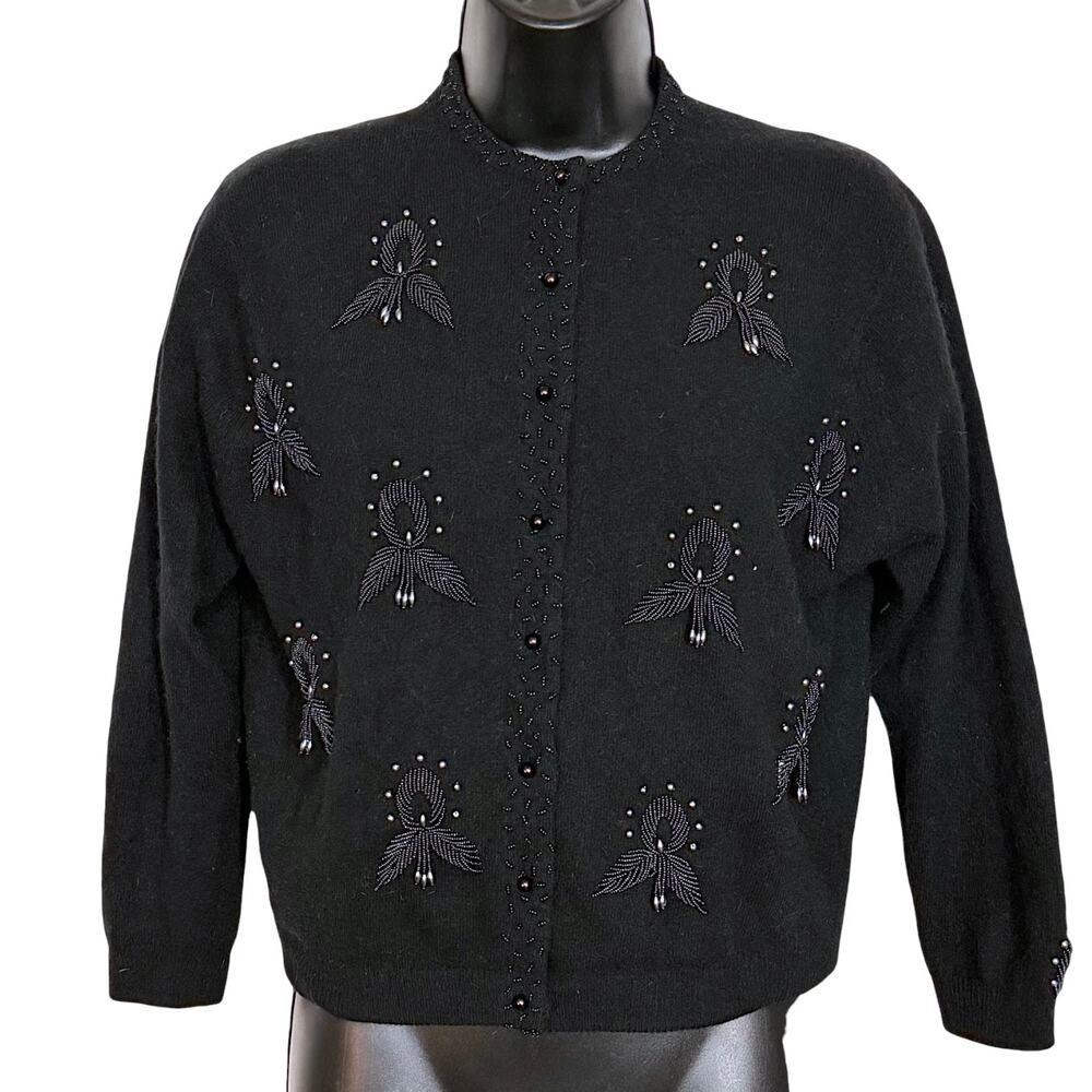 Vtg 1950s Beaded Wool Cardigan Sweater Black Floral Coquette Pinup Rockabilly M